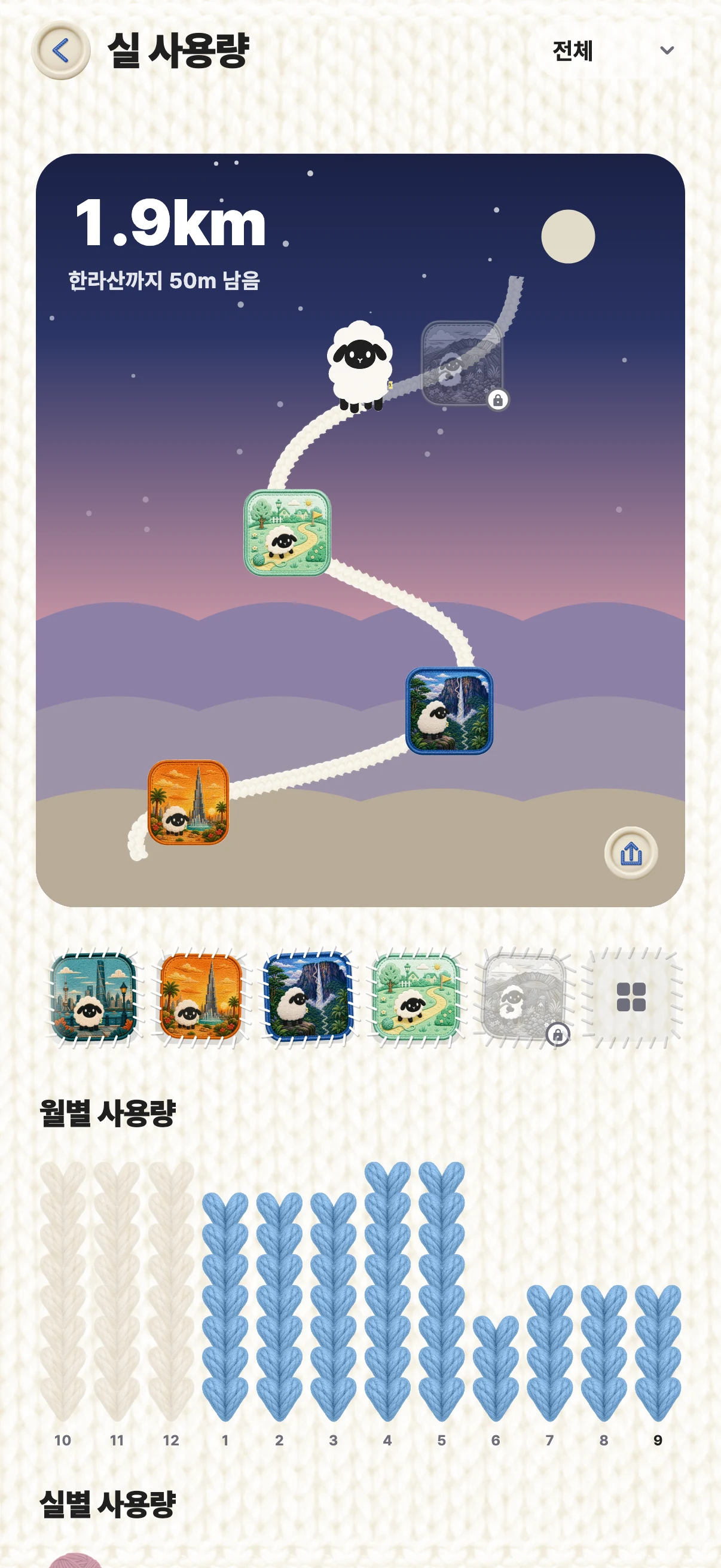 사용한 실만큼 걸어가는 실 여행 화면